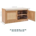 Wooden Shoe Storage Bench Organizer with Cushioned Seat & Adjustable Shelves for Entryway, Hallway, Living Room, or Bedroom, Rattan