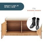 Wooden Shoe Storage Bench Organizer with Cushioned Seat & Adjustable Shelves for Entryway, Hallway, Living Room, or Bedroom, Rattan