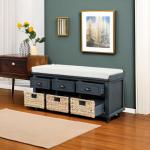 P PURLOVE Rustic Entryway Storage Bench with 3 Drawers and 3 Rattan Baskets Shoe Storage Bench with Removable Cushion for Living Room, Entryway