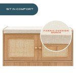 Wooden Shoe Storage Bench Organizer with Cushioned Seat & Adjustable Shelves for Entryway, Hallway, Living Room, or Bedroom, Rattan