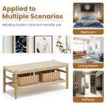 DKLGG Entryway Storage Bench with Mesh Shelf & 2 Baskets, Indoor Storage Bench Entrance Bench with Paper Cord & Rubber Wood Legs, Narrow Bench Boho Bench Dining Room Bench for Living Room Bedroom