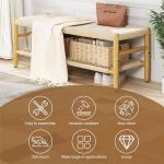 DKLGG Entryway Storage Bench with Mesh Shelf & 2 Baskets, Indoor Storage Bench Entrance Bench with Paper Cord & Rubber Wood Legs, Narrow Bench Boho Bench Dining Room Bench for Living Room Bedroom