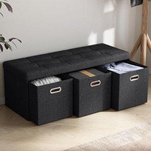 Ornavo Home Foldable Tufted Linen Large Long Bench Storage Ottoman Foot Rest Stool Seat with 3 Drawer Cubes - 15" x 40" x 15", Black
