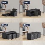 Ornavo Home Foldable Tufted Linen Large Long Bench Storage Ottoman Foot Rest Stool Seat with 3 Drawer Cubes - 15" x 40" x 15", Black