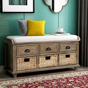 SOFTSEA Wood Storage Bench with 3 Drawers, 3 Rattan Baskets, Rattan Entryway Bench with Removable Cushion Home Organizer Bench(White Washed)