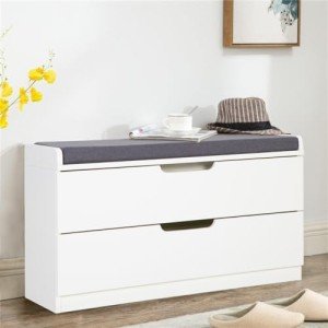 MAISON ARTS Shoe Storage Bench with Padded Seat Cushion, Premium MDF Benches with 2 Drawers for Entryway, Hallway, Bedroom - White