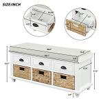 P PURLOVE Rustic Entryway Storage Bench with 3 Drawers and 3 Rattan Baskets Shoe Storage Bench with Removable Cushion for Living Room, Entryway
