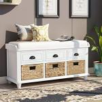 P PURLOVE Rustic Entryway Storage Bench with 3 Drawers and 3 Rattan Baskets Shoe Storage Bench with Removable Cushion for Living Room, Entryway