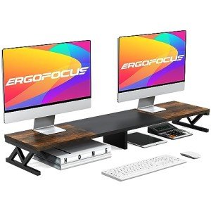 ErgoFocus Dual Monitor Stand Riser, Large Wood Monitor Riser for 2 Monitors, Monitor Lift with Storage for Desk, Sturdy Wood&Steel Multi Screen Stand, Desktop Organizer Monitor Stand for Computer