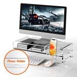 BEYGORM Acrylic Monitor Stand Riser, Wide 20", 2 Tier Computer with Storage, Desk Organizer Desktop Printer Laptop Storage Shelf Screen Holder Phone Holder(Clear)