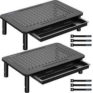 BONTEC 2 Pack Monitor Stand Riser with Drawer, 3 Height Adjustable PC Monitor Riser for Desk with Mesh Platform for Laptop, Computer, iMac, PC, Printer up to 44LBS/20KG, Cable Ties Included