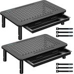 BONTEC 2 Pack Monitor Stand Riser with Drawer, 3 Height Adjustable PC Monitor Riser for Desk with Mesh Platform for Laptop, Computer, iMac, PC, Printer up to 44LBS/20KG, Cable Ties Included