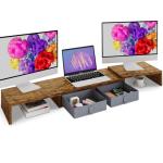 TEAMIX Dual Monitor Stand Riser - Adjustable Length & Angle, 2 Drawers for 2/3 Monitors/Laptop/PC, Wood Desk Organizer (Brown, 47.2 inch)