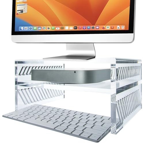 Clear acrylic monitor stand riser with a designated shelf for a Mac Mini or hard drives