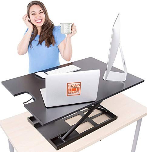 Extra large black standing desk converter that fits two monitors