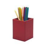 UnionBasic Square Pen Holder, Leather Pencil Cup, Desktop Caddy Stationery Organizer, Red