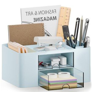 CasaCulina Desk Organizer with 2 Drawer, Multi-Functional Pencil Pen Holder, Plastic Desk Organizers and Storage with 5 Compartments for School Office Art Supplies (Blue)