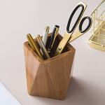 YOSCO Bamboo Wood Pen Holder Stand for Desk Geometric Pencil Cup Pot Cute Desktop Office Supplies, Makeup Brushes Organizer (Bamboo)