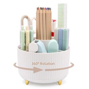 Cerpourt Makeup Brush Organizer,5 Slots 360° Rotating Desk Pen Holder,Makeup Brushing Holder,Cosmetic Brushes Storage Holder,Cute Pencil Cup Pot,Desk Organizer and Accessories for Vanity (White)