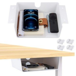 4 Pack Adhesive Under Desk Hanging Shelf Mount Drawer Organizer, Attachable Plastic Under Desk Storage Tray for Standing Desks, Tables, Workstations, Gaming, Cabinet, Increase Storage Space - White
