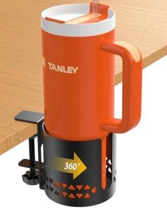 Sackei Deeper Desk Cup Holder Metal Under Desk, 360° Rotating PC Gaming Desk Accessories Anti-Spill Table Cup Holder Clamp on Chair for Coffee Mugs Stanley YETI Bottles, Pencil Holder