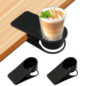 2PCS Clip on Cup Holders, Lanstics Cup Holder for Table Desk Clamp on Cup Holder Storage Saucer Clip Water Coffee Mug Holder Saucer Clip Design for Home Office, Black