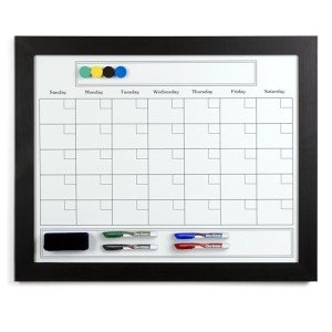 Large Magnetic Dry Erase Whiteboard Calendar with Real Wooden Frame, Large 24" x 30" Size, Wall Mount, Includes 4 Assorted Color Markers, Eraser and 4 Magnets, by Better Office Products (Solid Black)
