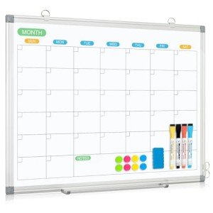 WALGLASS Dry Erase Calendar Whiteboard for Wall, 24" x 18" Double-Sided Monthly Calendar White Board with Silver Aluminum Frame, Hanging or Wall Mount Whiteboard for Home, Office, School
