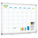 WALGLASS Dry Erase Calendar Whiteboard for Wall, 24" x 18" Double-Sided Monthly Calendar White Board with Silver Aluminum Frame, Hanging or Wall Mount Whiteboard for Home, Office, School