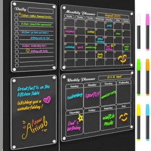 DIYMAG 4Pcs Fridge Calendars 2025 Acrylic Magnetic Calendar for Refrigerator Fridge White Board Calendar Chalk Dry Erase Calendars Magnets Chalkboard Monthly Weekly Planner with 6 Highlight Markers