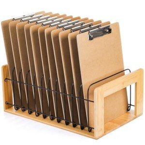 Youeon Vertical Clipboard Holder, 12 Slot Bamboo and Metal Clipboard Stand, Desk File Organizer Storage Rack for Home, Office, Classroom, No Assembly Required