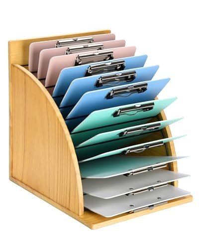 Wooden clipboard organizer rack with 12 slots and raised side panels for stability