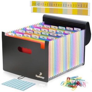 Accordion File Organizer, 26 Pockets Expanding Accordion Folder, A4 Letter Size Filing Organizer with Colorful Tabs, Elastic Cord, 60 Paper Clips, Labels & Stickers for Office, School, and Home