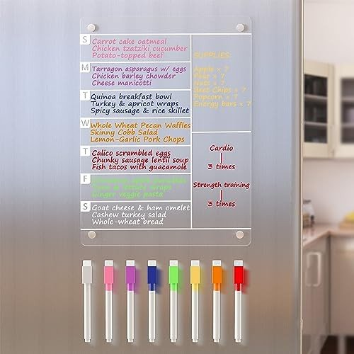 Clear acrylic magnetic weekly meal planner board for refrigerator, includes 8 markers