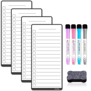 ALEZEL Magnetic to Do List White Board for Fridge, Multifunctional Dry Erase List Board for Refrigerator - Set of 4 Magnetic Grocery List Whiteboards, 4 Markers + Eraser