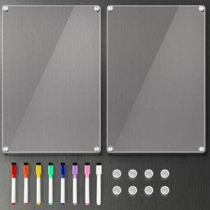 2 Pack 12''*8'' Acrylic Magnetic Whiteboard for Fridge, Clear Dry Erase Menu Board for Refrigerator with 8 Markers, Magnetic Planning Board for to Do List/Shopping List, Meal Planner for Kitchen