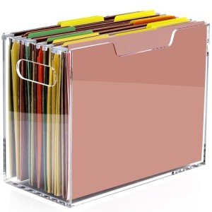 DINGHUO Acrylic File Folder Organizer Box, Letter Size Hanging File Organizer, Clear File Holder with Handles, Desktop Office Supplies Filing Storage Crate for Home Work School - 1 Pack
