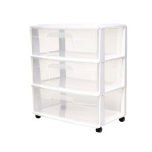 HOMZ Drawer Tower, 3-Tier Wide Clear Plastic Storage Organizer Cart, White Frame