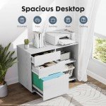File Cabinet 3 Drawer - Storage Filing Cabinets Office Drawers White Printer Stand Lateral Mobile Under Desk Organizer Wooden with Wheels Adjustable Shelves for Home, Room, Small Spaces, White