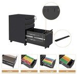 Bonnlo Black 3-Drawer Locking File Cabinet, Rolling Under Desk Mobile Office Drawer with Pencil Tray, 14.6" W x 17.7" D x 23.6" H