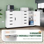 Letaya 5 Drawer Storage Cabinet, Mobile Printer Stand for Home Office,Dresser Chest with Shelves and Door(White)