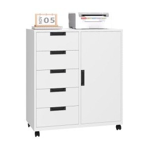 LISSIMO 5 Drawer Metal Storage Cabinet with Doors,Dresser Chest with Doors and Shelves,Mobile File Cabinet Printer Stand Storage Cabinets for Home Office(White)