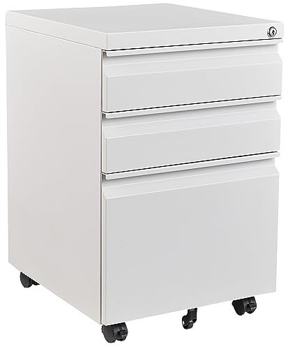 White 3-drawer mobile metal file cabinet with lock and 360-degree rotating wheels