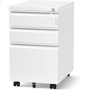 Allouncer 3 Drawer Filing Cabinet with Lock, File Cabinets for Home Office, Locking File Cabinet, Under Desk Mobile File Cabinet for A4-Size/Letter-Size/Legal-Size, Fully Assembled(White)