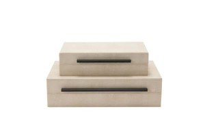 Generic Sagala Set of 2 Ivory Shagreen Decorative Boxes With Black Metal Handles, Faux Leather Jewelry Boxes Modern Storage Boxes Photo Boxes Memory Boxes Home Organizer Box(Ivory), 14.2x8.6x3.5cm