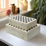 Sagebrook Home Decorative Storage Boxes Set – Checkered Design, Resin & Wood Keepsake Boxes – Stylish Organizer for Home, Office, Bedroom, or Living Room – 10" & 12 Inches, Black & Ivory