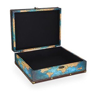 ELLDOO Decorative Treasure Chest Box, Wooden + PU Leather Storage Box for Jewelry Trinkets Photos, Rectangular Keepsakes box for Girls Women Gifts, Green Map Pattern