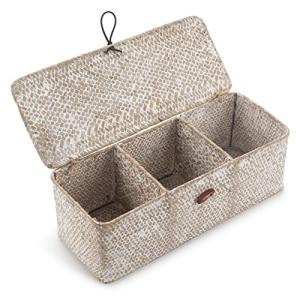 Seagrass Storage Basket with Lid Rectangular Small Woven Shelf Baskets with Sections for Organize Snack Toys Whitewash