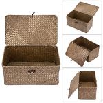 Sumnacon Wicker Basket with Lid Rectangle Woven Baskets for Toiletries Tampon Storage,Wicker Storage Basket with Lid,Decorative Seagrass Storage Baskets for Shelf Bathroom Toilet Table, Coffee
