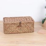 FEIALNDUO Wicker Shelf Baskets with Lid,Seagrass Storage Basket Bins Rectangular Handwoven Basket Boxes for Shelves Desktop Home Organizer (Coffee, X-Small)